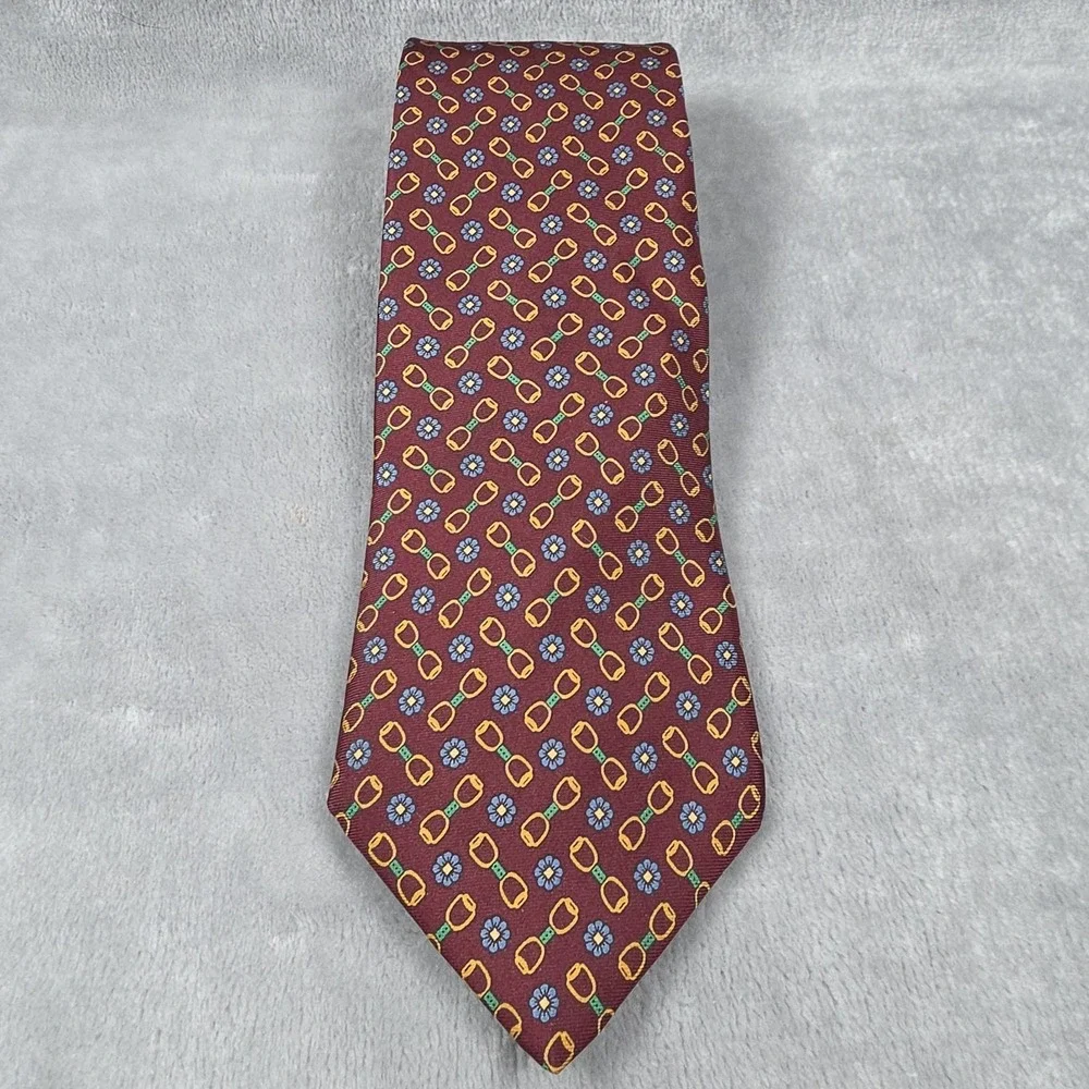 Brooks Brothers Maroon Blue Yellow Horse Bit Flower Motif Silk Tie‎ Equestrian